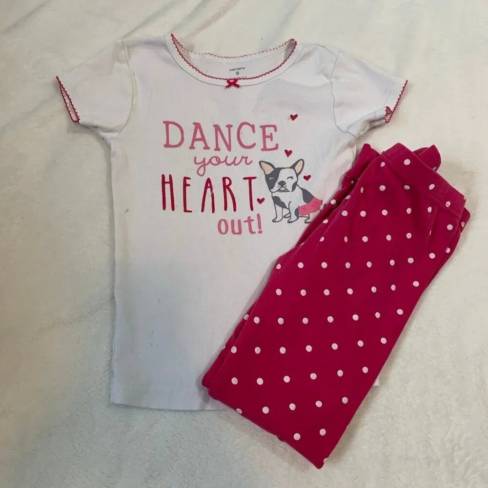 5/$25 Carter's Pajama Set Kids Size‎ 6 Pink White Frenchie Dog Polka Dot PJs